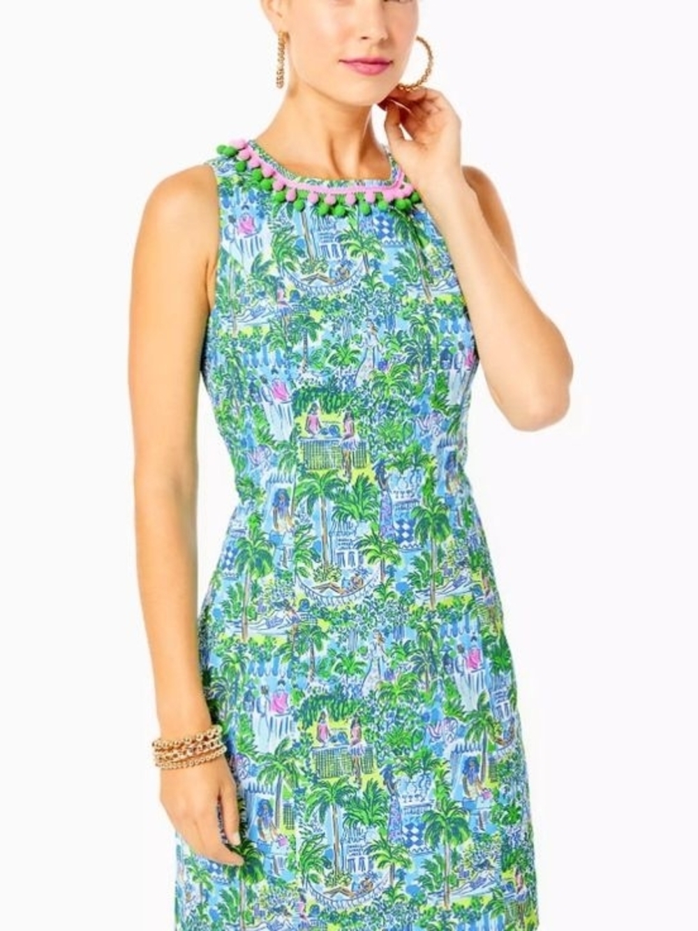 Lilly Pulitzer Green and Pink Tropical Pom-Trim Dress